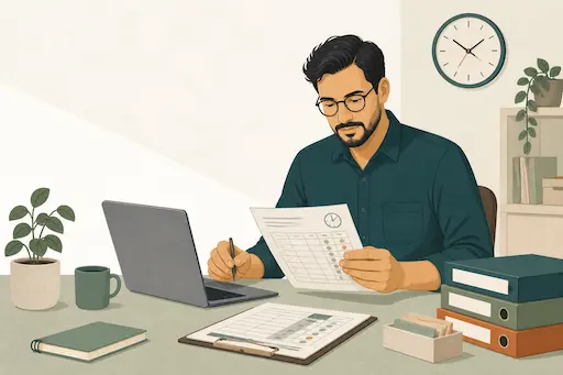 Ilustración de una persona organizando información de jornada en su espacio de trabajo
